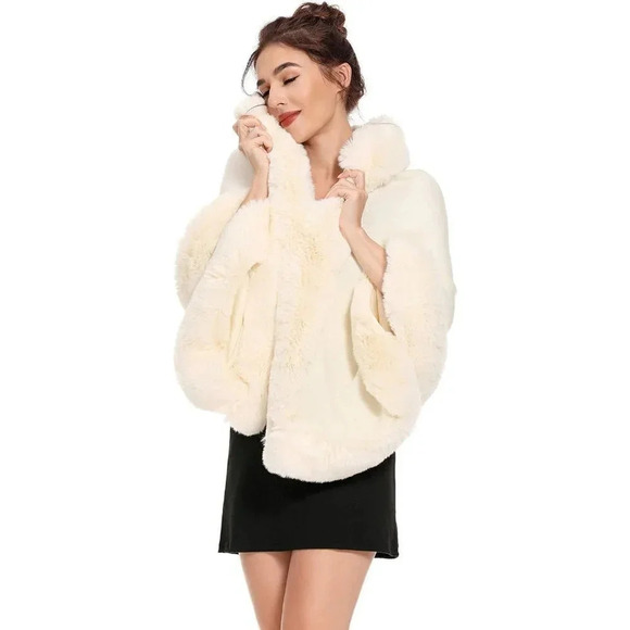 Zlyc Women Winter Faux Fur Shawl Stole Warm Wrap Cape - Beige - Picture 4 of 8